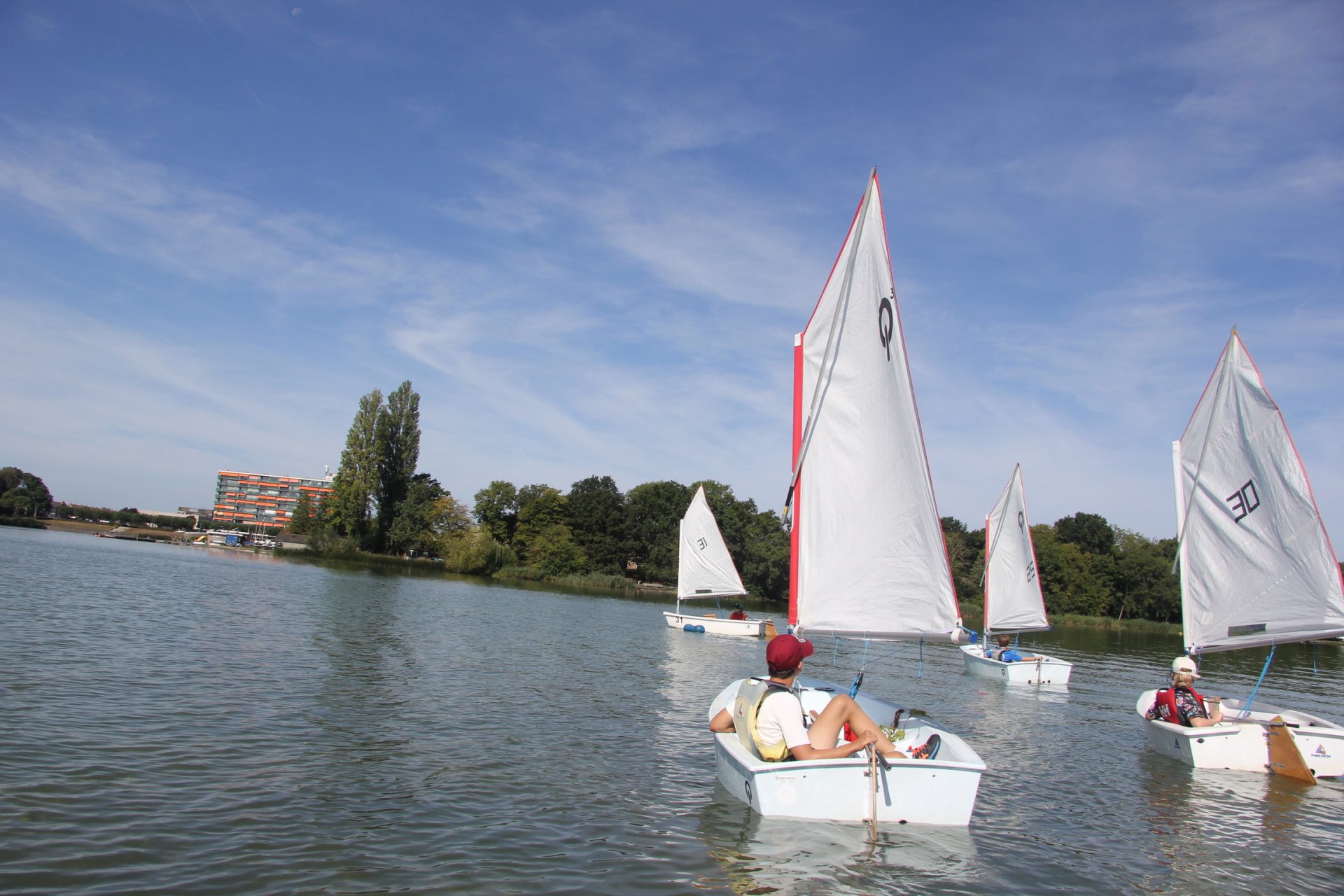 Meerdere Optimist zeilboten varen samen op de Oosterplas.