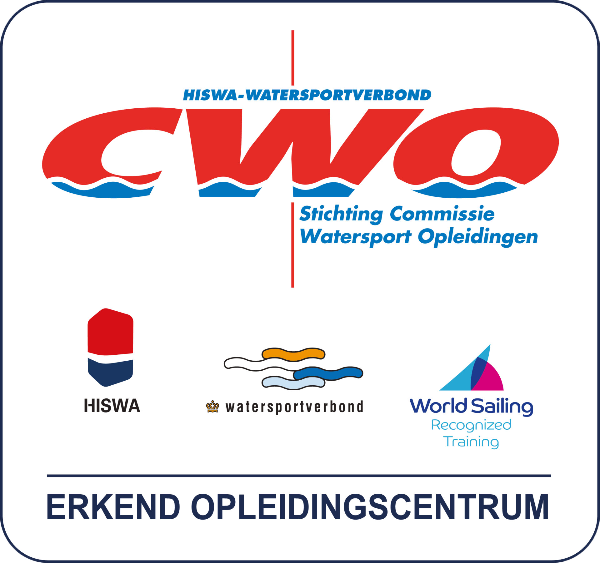 CWO bord met logo's van HISWA, Watersportverbond en World Sailing.