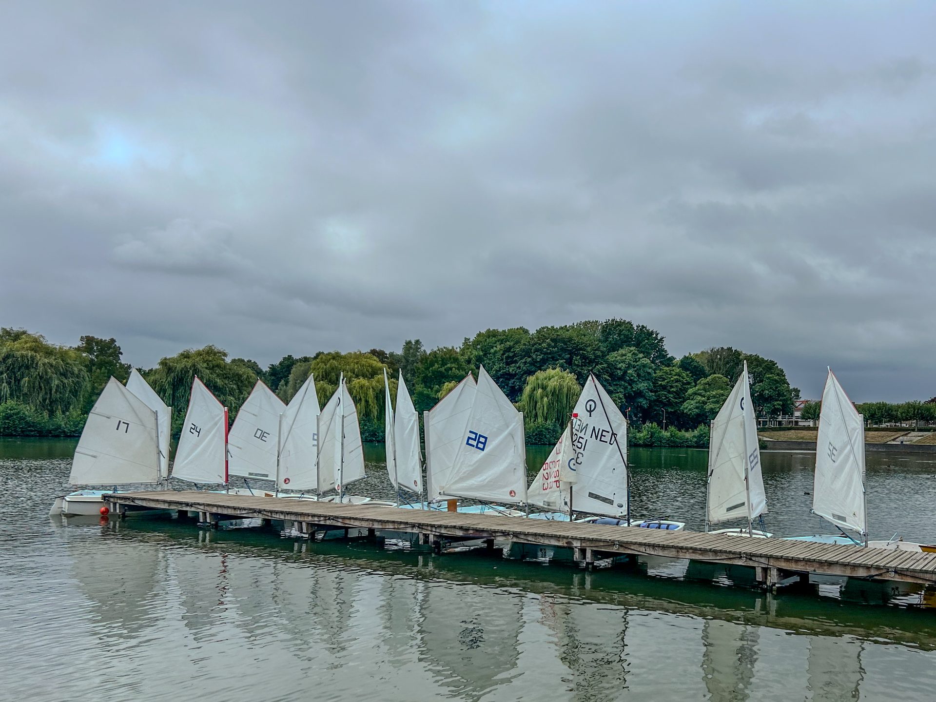 Optimist zeilboten liggen op een rij bij CWO activiteit.