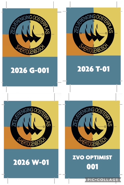 Stickervel met genummerde ZVO Optimist stickers in blauw en geel.