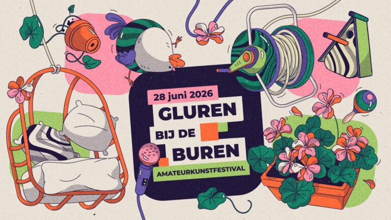 Poster voor Gluren bij de Buren op 28 juni 2026, amateurkunstfestival.