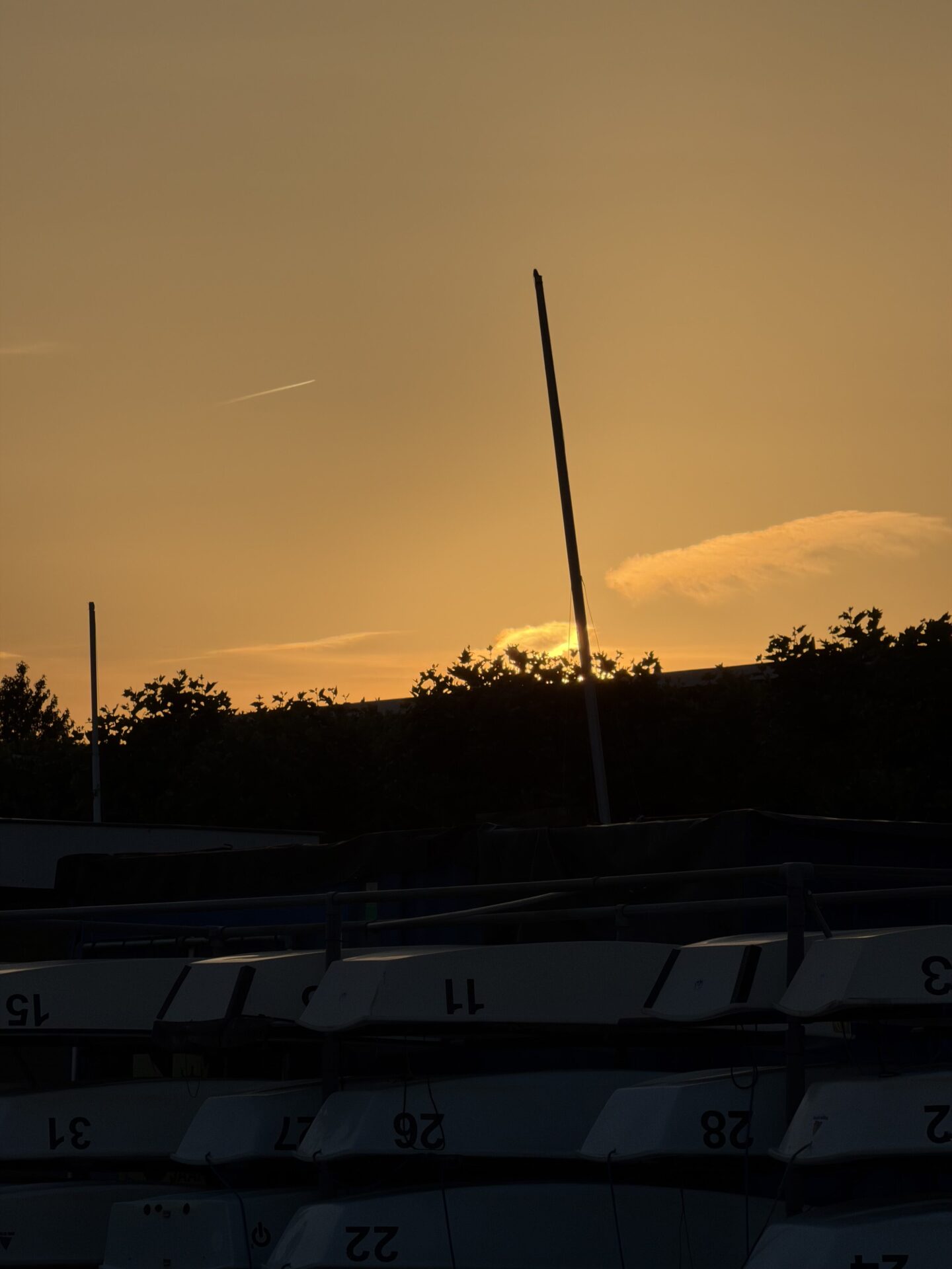 Donkere masten staan afgetekend tegen de zonsondergang bij de Oosterplas.