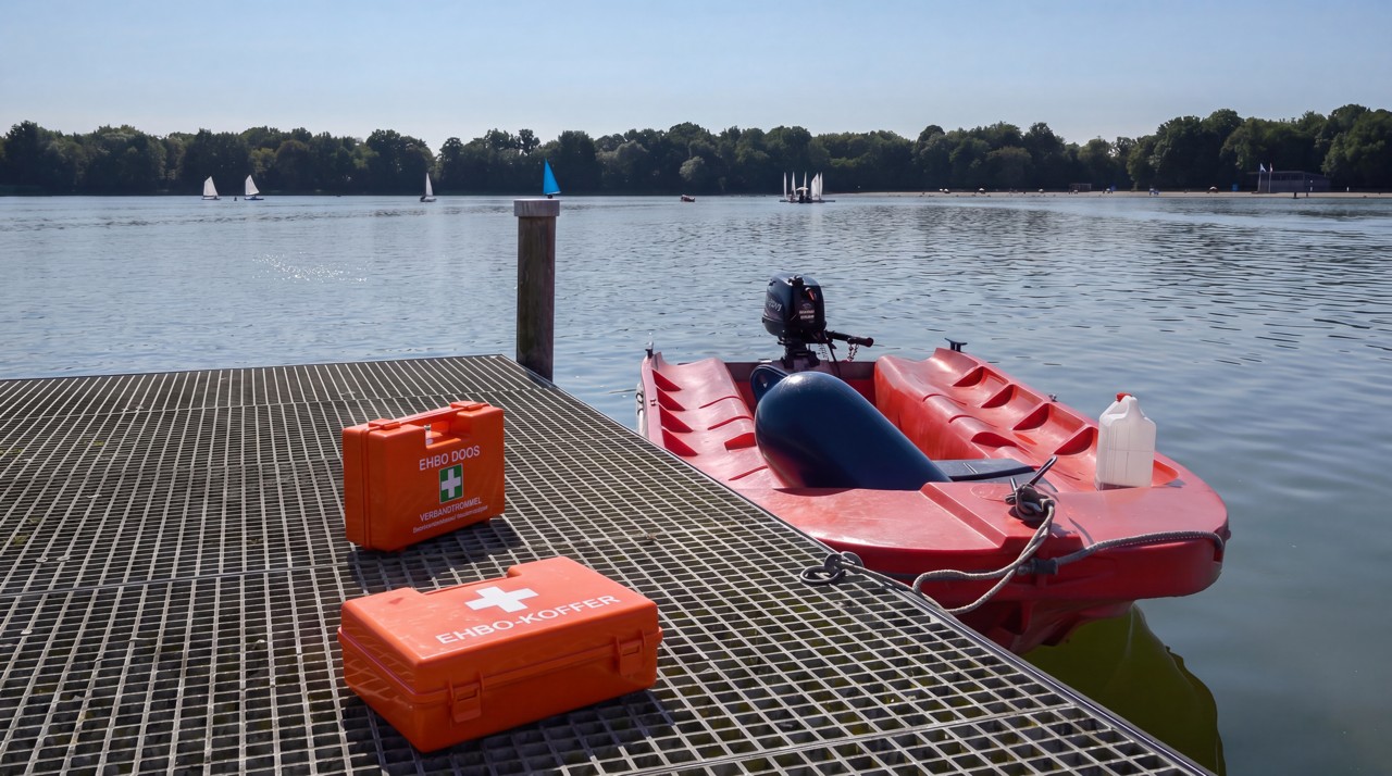 Een rode rescue boot ligt aan de steiger met twee EHBO-koffers ervoor en het meer op de achtergrond.
